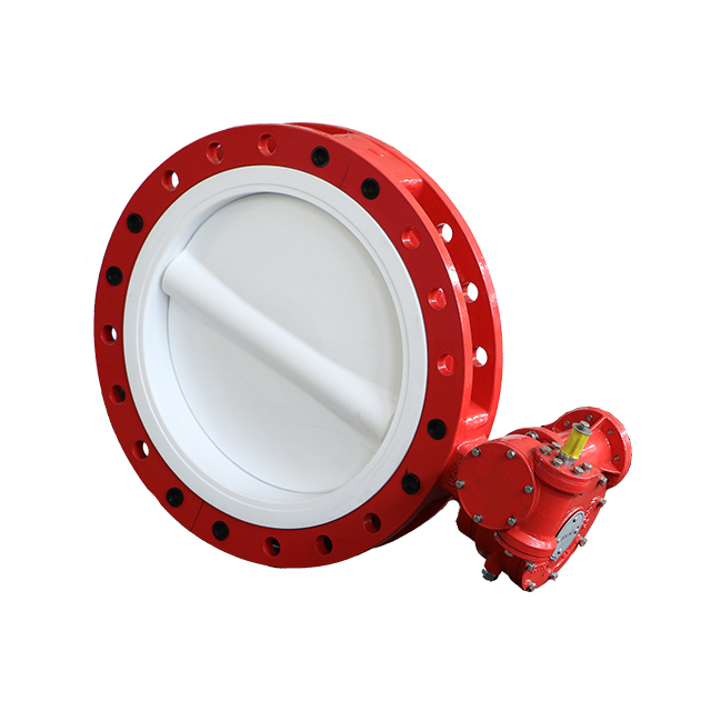 Volledige PTFE-gevoerde wafer vlinderklep twee stukken lichaam, nodulair ijzeren lichaam, PTFE-schijf en stoel, hoge prestaties DN350-DN900